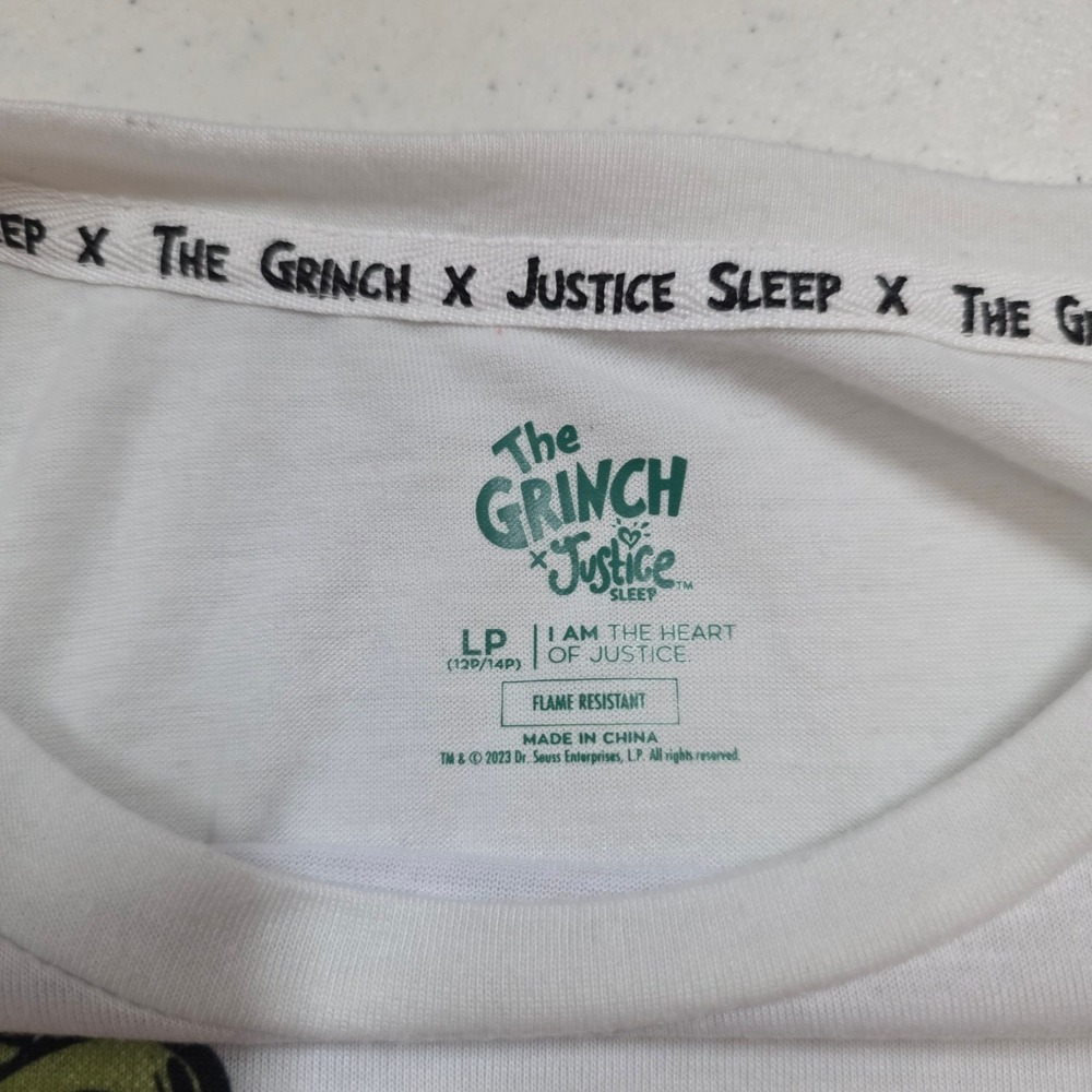 Justice Sleep The Grinch Long Sleeve Pajama Top White Black Girls Large Plus 12P - Picture 8 of 9